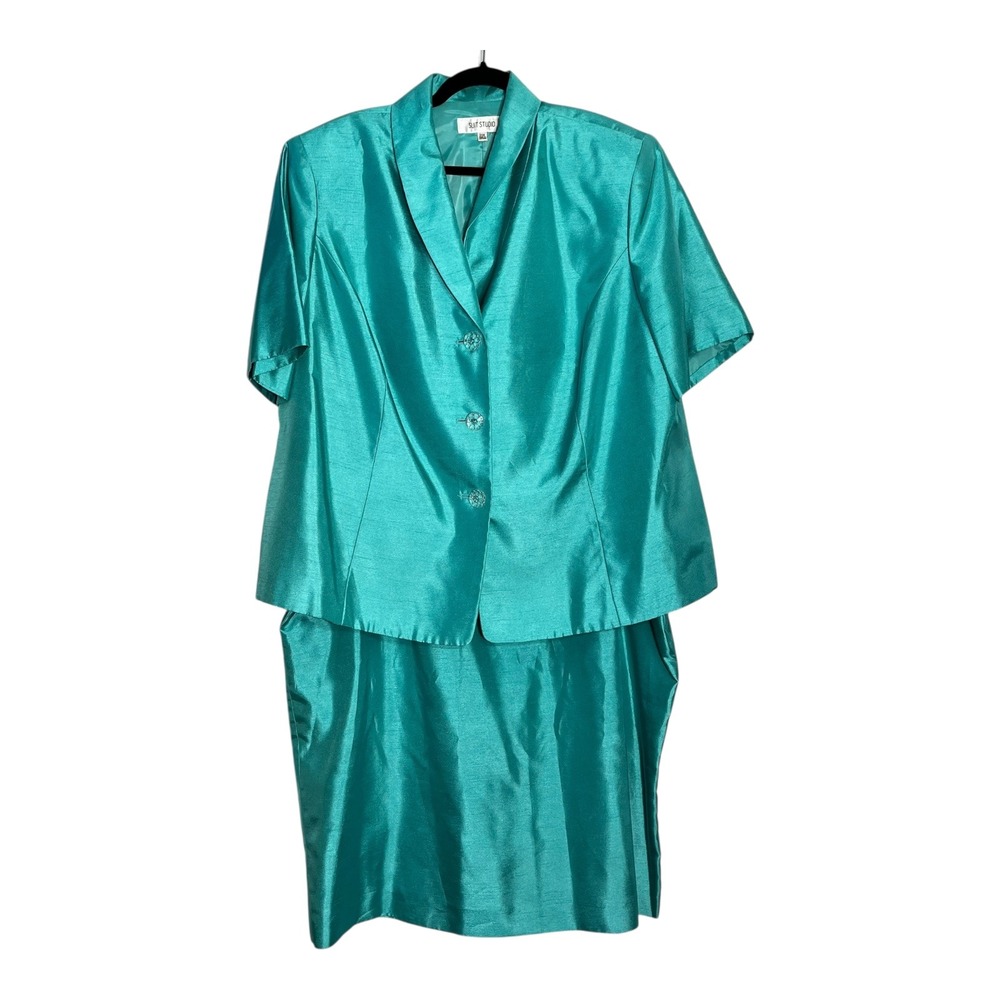 Suit Studio Kasper Women 24W Teal Green Shantung Skirt Suit Set Short Sleeve 2pc